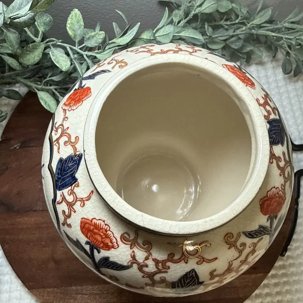 Vintage LJ Japan Imari Style Ginger Jar Lidded Vase Crackle Glaze Chinoiseri 11”
